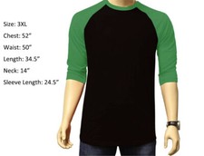 3/4 Sleeve Plain T-Shirt Baseball Raglan Jersey Sports Men's Black Green 3XL