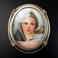 Medaillon Brosche / Anhänger aus 800er Silber mit Miniatur-Malerei  Italy Silver