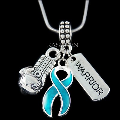 ~Teal Blue Ribbon Ovarian Cervical Cancer Awareness~ Myasthenia Gravis Necklace