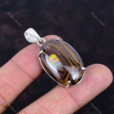 Natural Ethopian Opal In Boulder Opal Sterling Silver Birthday Bezel New Pendant