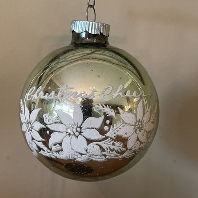 Vintage Shiny Brite Green 3  Glass Ornament Stenciled Christmas Cheer Made USA