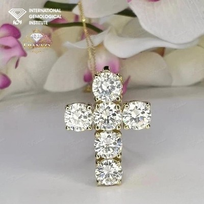 IGI 3 Ct Round Cut VS1 Lab Grown Diamond 18'' Chain Cross Pendant 14K Yellow Gold