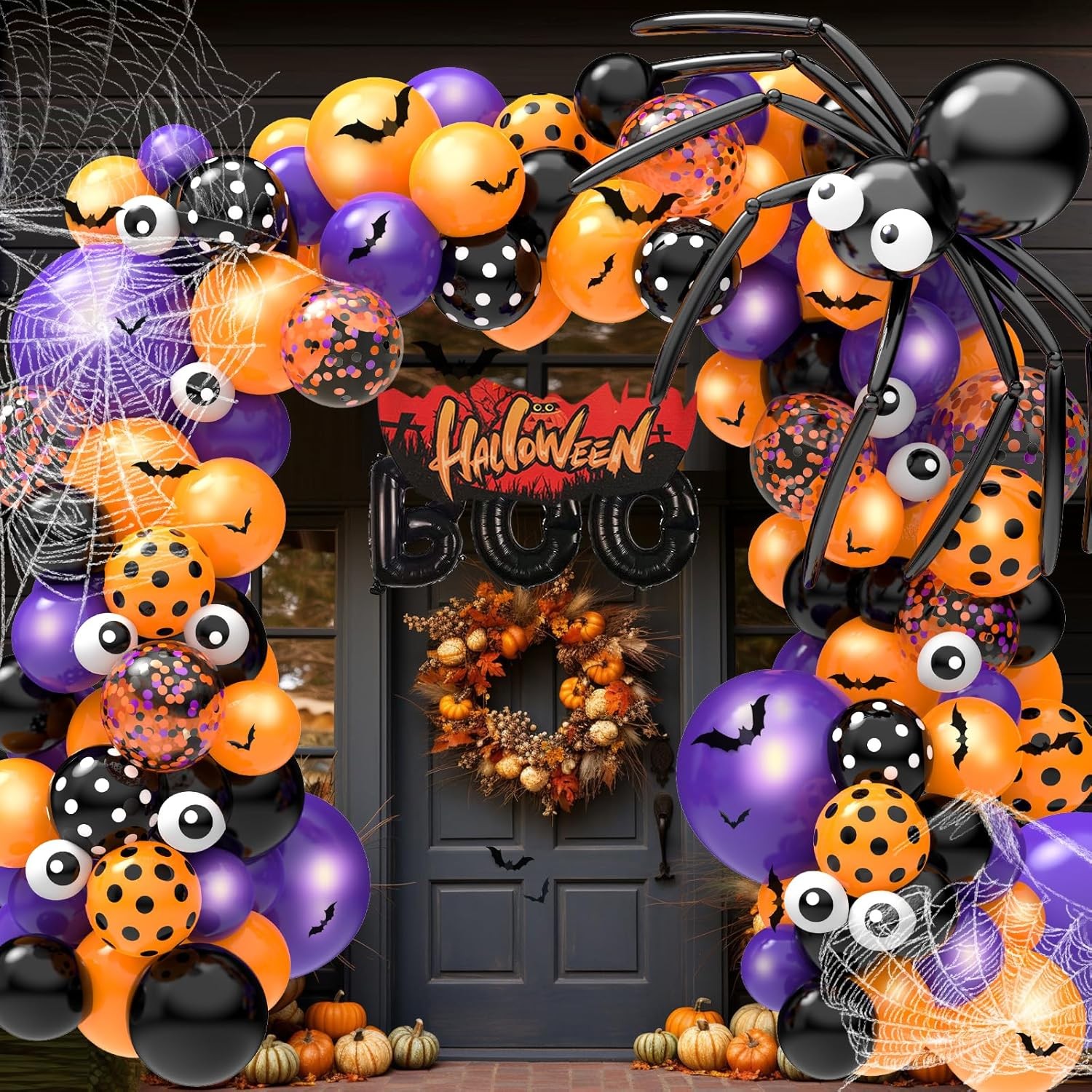 126 Pcs Halloween Balloon Garland Arch Kit, Eye Balloons with Spider Web, Bats,