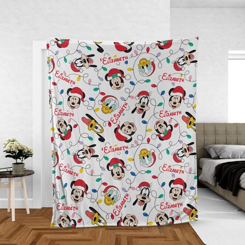 Personalized Mickey & Friends Santa Hat Christmas Lights Merry & Bright Blanket