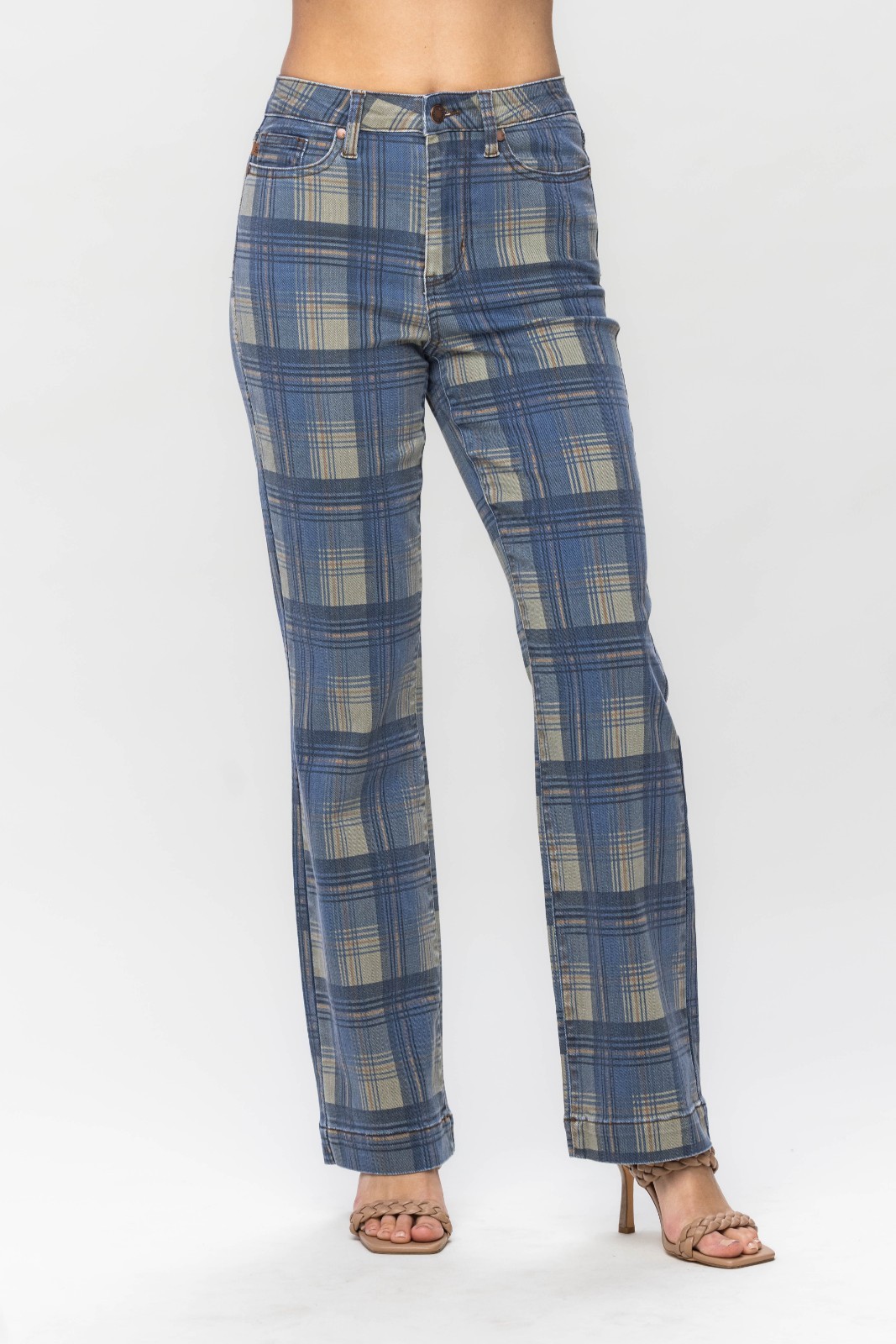 Judy Blue Women's High Waist  Vintage Look Plaid Straight 3 (26) NWT