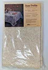 Vintage Quaker Lace Rose Trellis NOS Tablecloth 60x84 Oblong Ivory Dacron