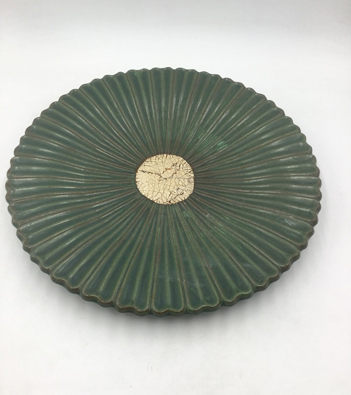 Large Ceramic Lotus Leaf Decorative Plate 20" Green Crackle Glaze Center