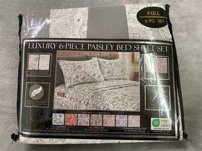 New 6 Piece Luxury 1500 Thread Count Bed Sheet Set Full White Gray Paisley
