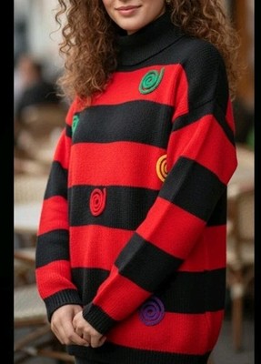 Gitano Sweater Women's Vintage Knit Swirl Accents High Neck Black and Red Large.