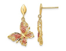 14K Yellow Gold Butterfly Post Earrings with Pink Enamel