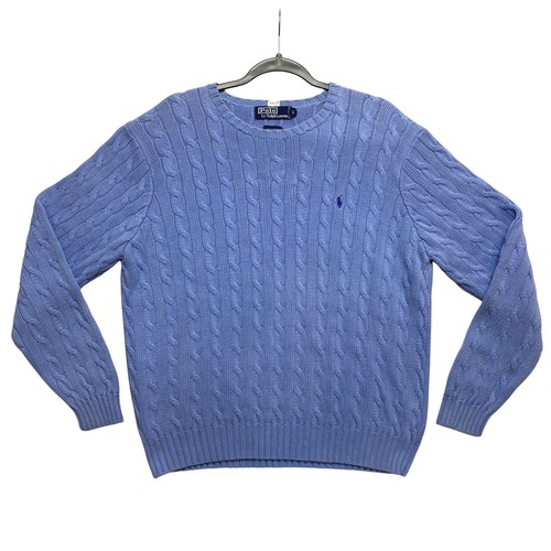 Vintage Polo Ralph Lauren Cable Knit Sweater Mens L Blue Crewneck Pullover - Image 1