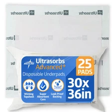 Medline Ultrasorbs Drypads, 30" x 36", 25 Count, Super Absorbent Disposable Bed