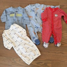 Lot of 4 Baby Boy Pajamas Size Newborn 0-3 mo Mixed Brands Zipper Footed Sleeper