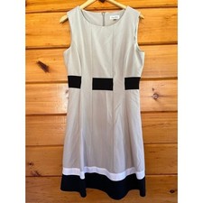 Calvin Klein A-Line Pleated Color Block Dress Tan Black White 10 Fit & Flare