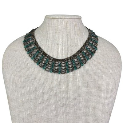 Handmade Black & Emerald Glass Beaded Choker Necklace Statement Bib Adjustable