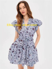 Ulla Johnson French Elastic Waist V-Neck Printed Short Dress Cotton Mini Dress