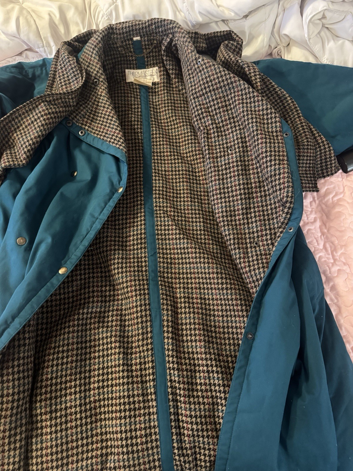 Thermaster Teal Brown Collared Button Coat wool L… - image 2