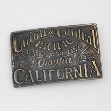 Vtg Union & Central Pacific Belt Buckle Railroad Line Omaha to California Brass