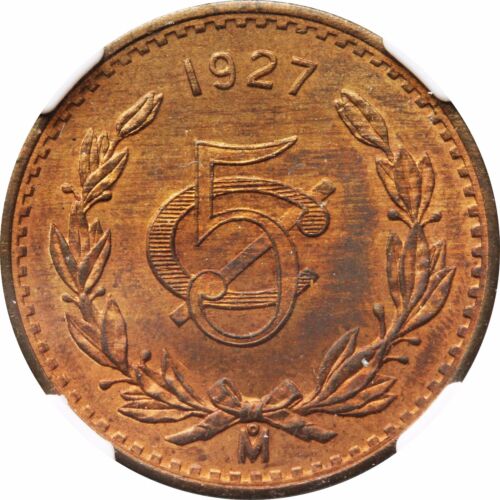 Mexico 5 Centavos Mo 1927, Bronze. NGC MS65 RB KM# 422