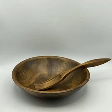 Wood Bowl 11” Mark Illegible With Utensil Vintage