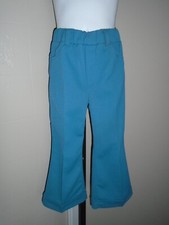 Girl's VTG 1970s Blue Crimped Poly Pants Flared Cuffed Leg Faux Fly Sz 6NOS