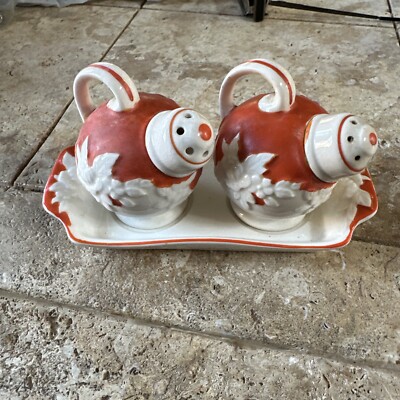 Vtg The Hinode Orange Salt Pepper Shaker on 6  Tray Japan 1950 s Cottage Retro