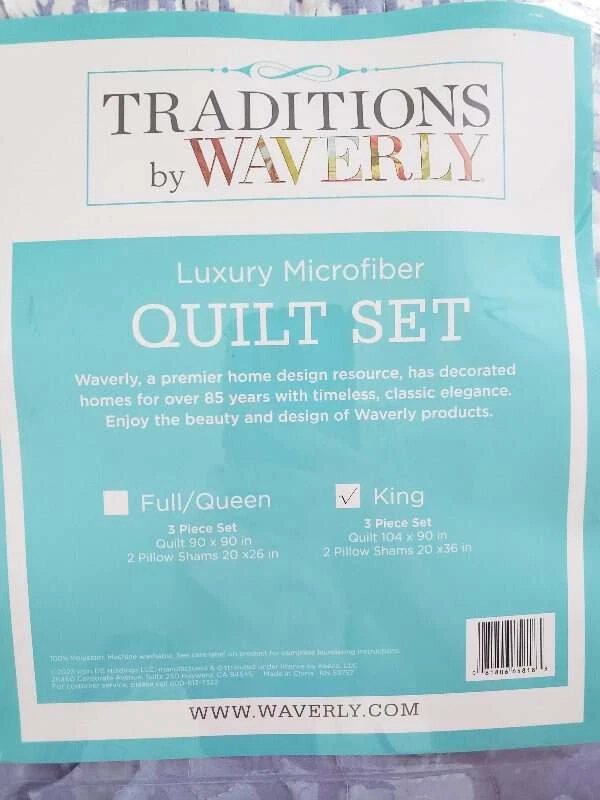 Traditions By Waverly Luxury Microfiber King Size Quilt Set Azure Blue Brand New - Image 3 of 4