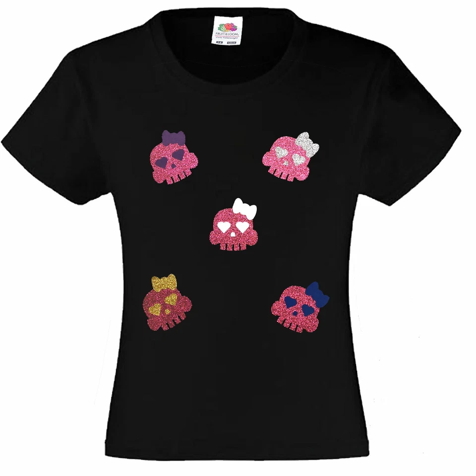 FRUIT OF THE LOOM / GILDAN / RUSSEL Kids Girls T-Shirt pink glitter skull punk heavy metal goth music festival Tee