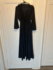 Montgomery Ward Sheer Vintage Nylon Robe Ruffle Neck Black Large Cinch Waist L