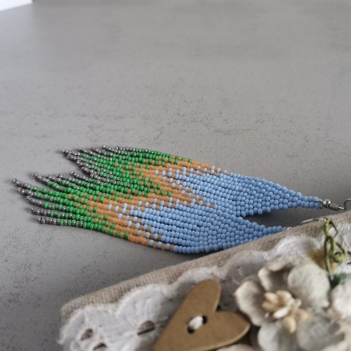 Blue green long beaded fringe earrings Dangle beadwork handmade women jewelry - Picture 2 of 7