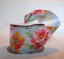 Offray 10 Yard Roll Wired Ribbon Delilah Floral on Blue 2 1/2 inch wide