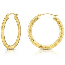 14K Real Solid Yellow Gold X Diamond-Cut Flat Tube Chunky Creole Hoop Earrings