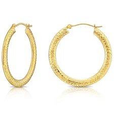 14K Real Solid Yellow Gold X Diamond-Cut Flat Tube Chunky Creole Hoop Earrings