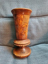 Vintage Vase Wooden Hand Carved with Floral Design 9.5" Tall.