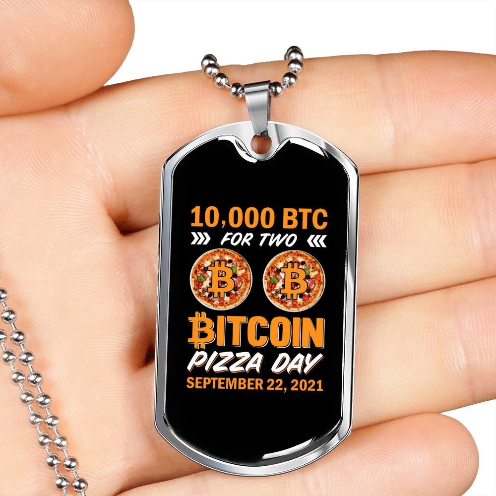 BTC Pizza Crypto Necklace Stainless Steel or 18k Gold Dog Tag 24