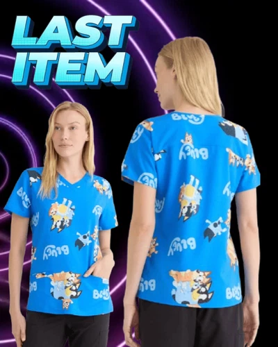 Bluey Women's  SIZE S 4-6 Scrub Top Collection V Neck Short Sleeves COLOR Blue - Picture 4 of 21