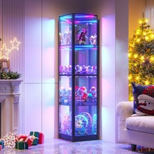 68" Corner Display Cabinet w/ RGB Lights & Human Sensor, 4-Tier Glass Door Case