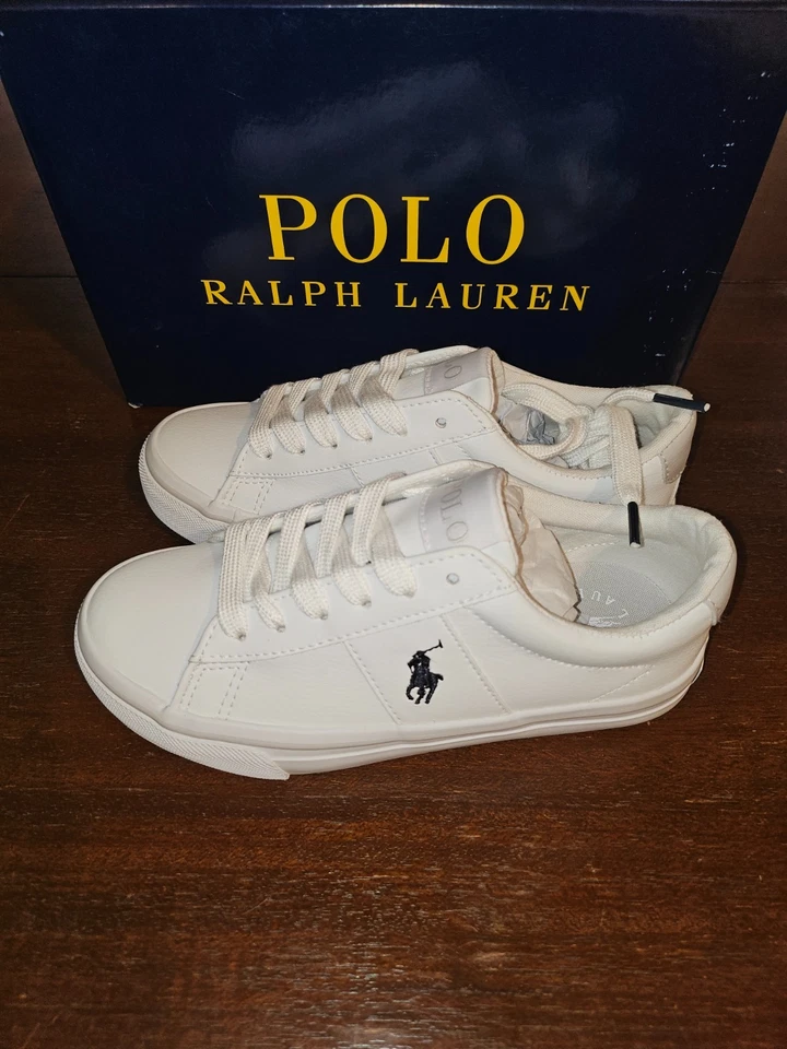 Polo Ralph Lauren Sayer Tenis Poni Cuero Blanco Azul Marino Nuevas Con Caja Niño 13 Foto 4 de 4