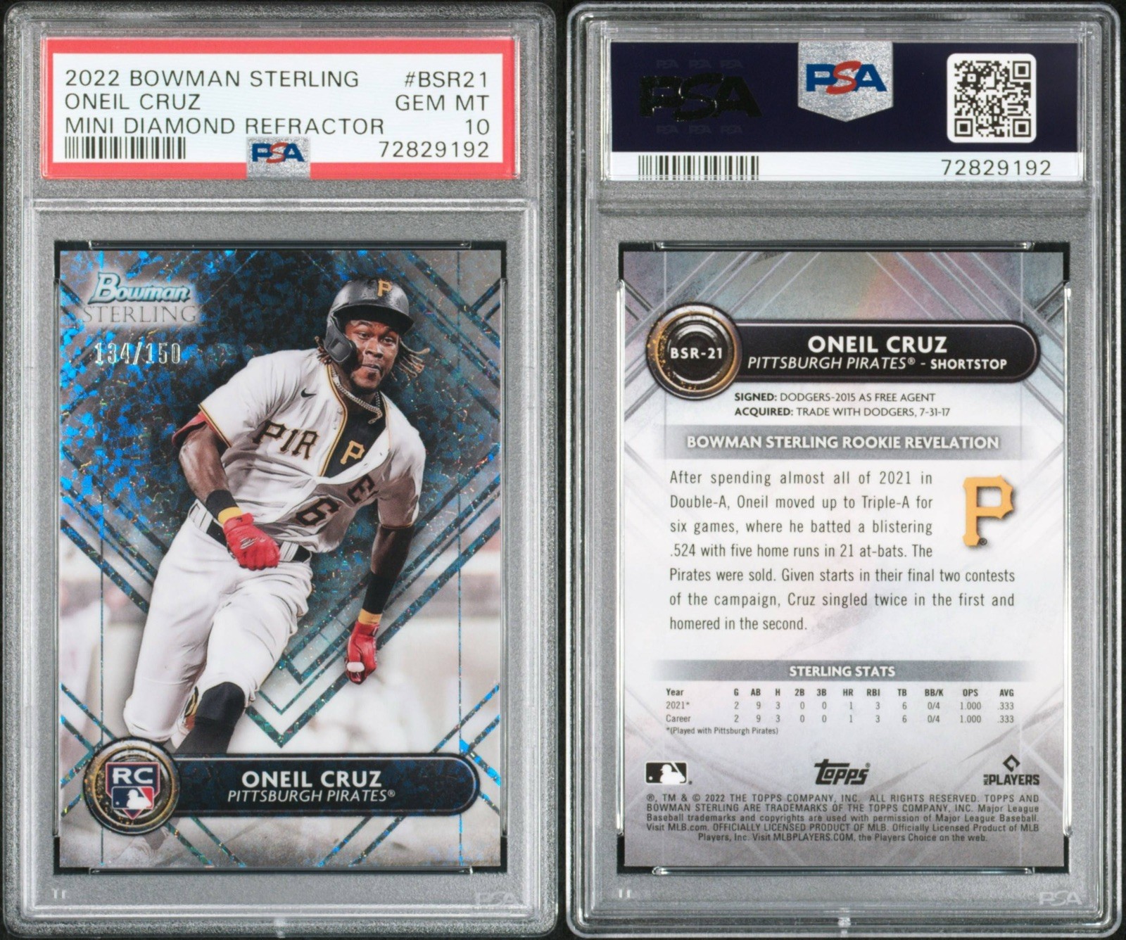 2022 Bowman Sterling Oneil Cruz Rookie RC Mini-Diamond Refractor /150 PSA 10 view 3