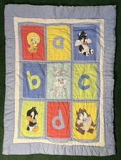 Vintage 1990s Baby Looney Tunes ABC Crib Blanket Quilt Comforter Blue Gingham