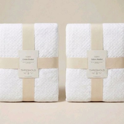 Lot Of 2 Threshold Blanket Oversized Cotton 92x90 Lightweight White Full/Queen