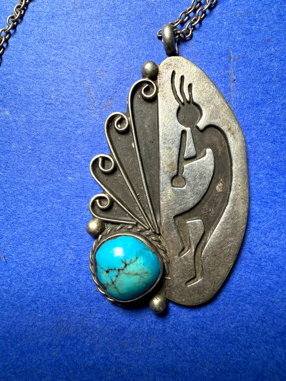 Vtg Blue Turquoise Kokopelli Figure  Navajo Sterling Silver Pendant 2
