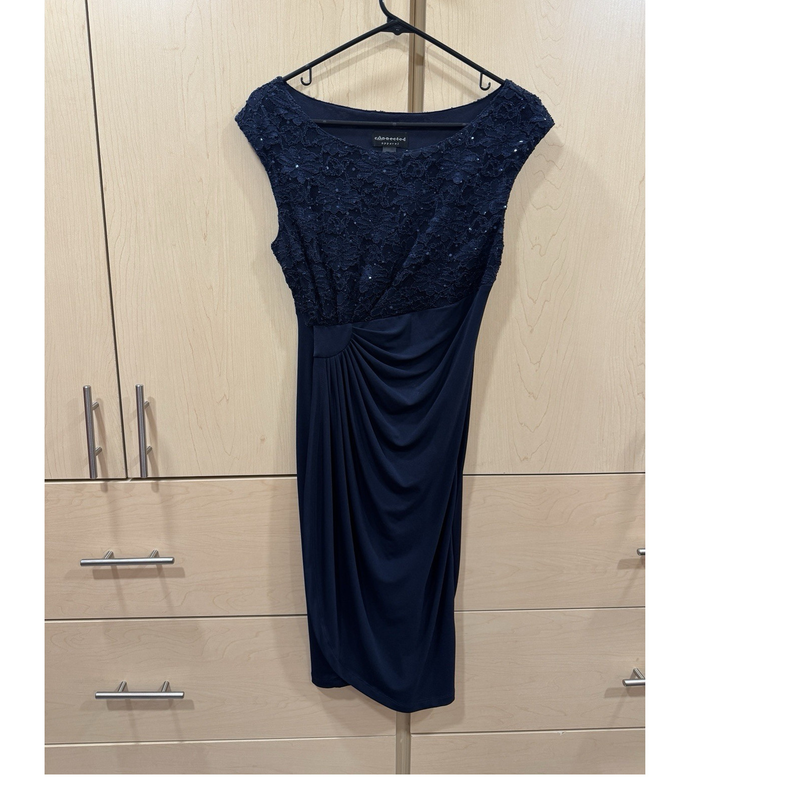 Connected Apparel Navy Blue Lace Sequin Sheath Midi Dress Size 10