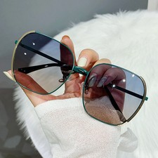 Thin Metal Green Frame Dark Tinted Lens Fashion Sunglasses