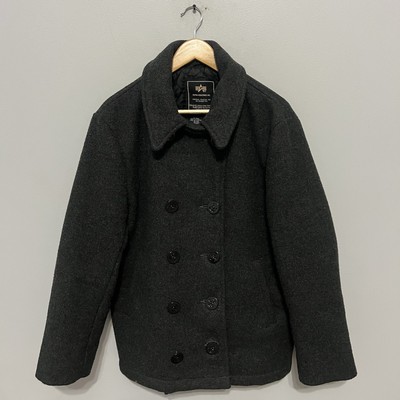 Alpha Industries Double Breasted Pea Coat Wool Blend Gray Men's S
