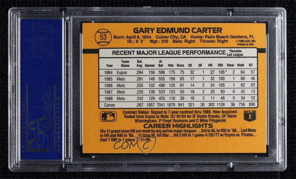 1989 Donruss Gary Carter (*Denotes on Back) #53 PSA 10 GEM MT HOF - Image 2 of 2