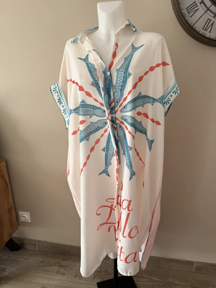 Robe chemise oversize Made in Italy lin & coton sardines tendance - Photo 1/2