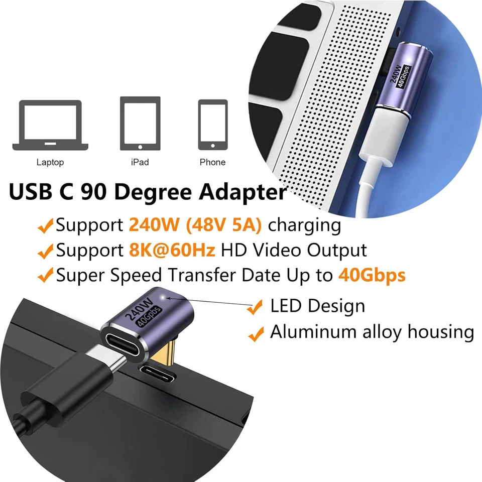 Adattatore USB C 90 Gradi,Adattatore USB C Ad Angolo Retto Con 40 Gbps PD 240 W - Immagine 2 di 4