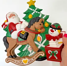 Vintage BURWOOD Plastic Christmas Tree Santa on Rocking Horse Plaque Wall Deco