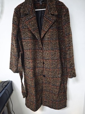 FOREVER 21 Women's Plaid Belted Long Overcoat Brown Blue Red Size L